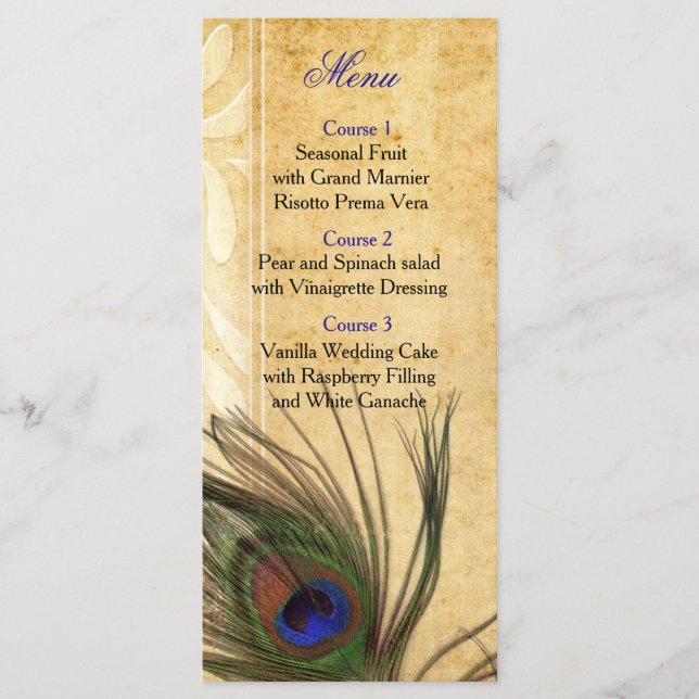 Menu de casamento Rustic Peacock Feather (Frente)
