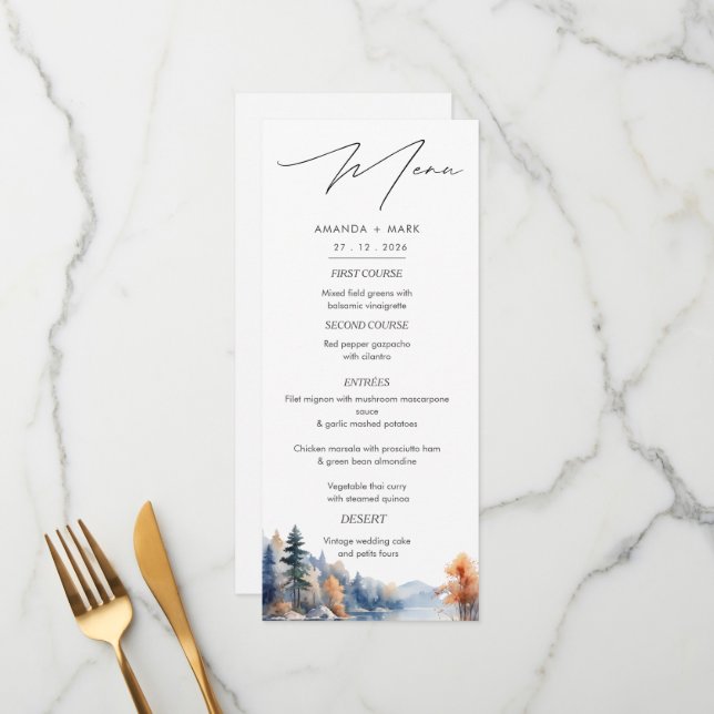 Menu de Casamento Rustic Pine Trees Adventure (Frente/Verso In Situ)