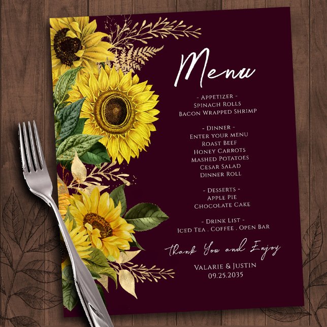 Menu de Casamento Rustic Sunflower (Criador carregado)