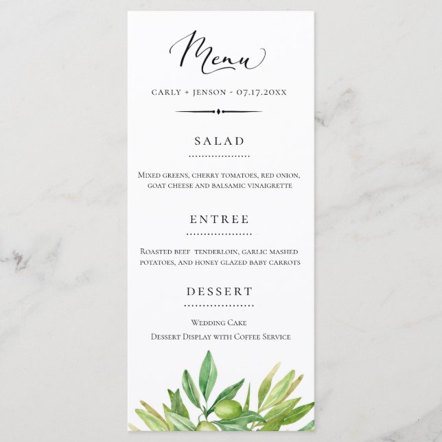 Menu de Casamento Rustic Tuscan Olive Branch (Frente)