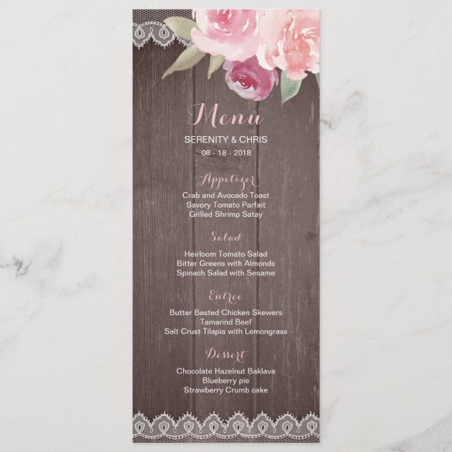 Menu de casamento Rustic Watercolor Flace Lace (Frente)