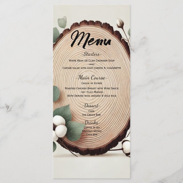 Menu de Casamento Rústico de Algodão Eucalipto Mad (Frente)