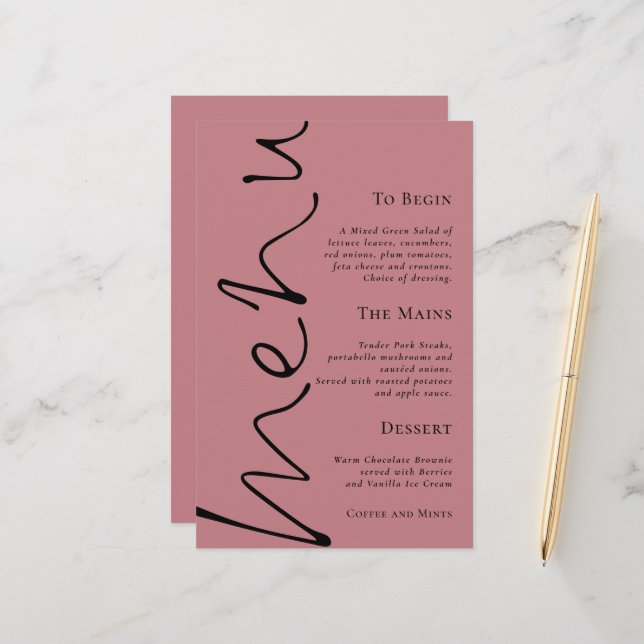 Menu de Casamento Simples de Rosa Dusty de Script  (Frente/Verso In Situ)