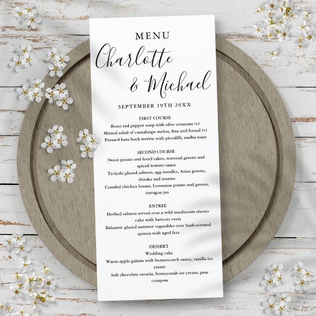 Menu de Casamento Simples de Script de Assinatura  (Simple Black White Signature Script Wedding Menu)