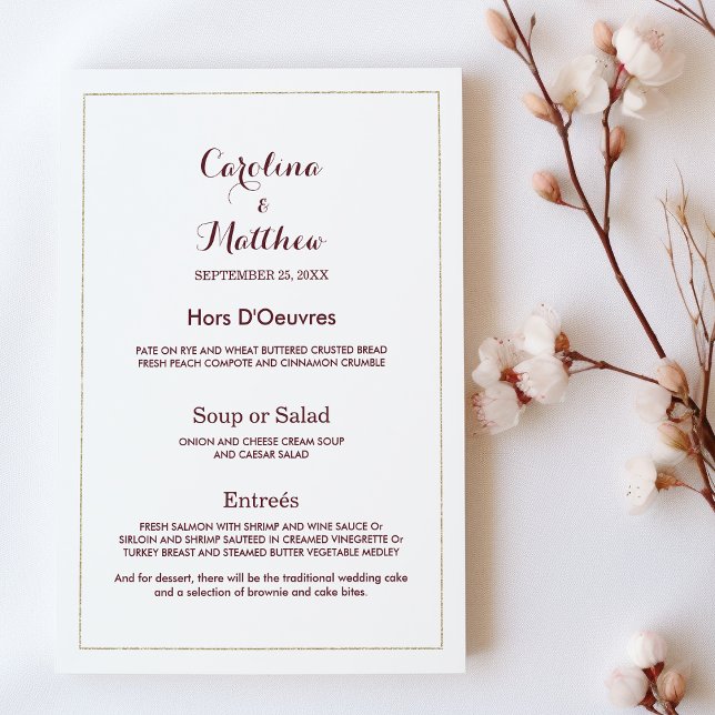 Menu de Casamento Simples e elegante de Burgundy d (Simple elegant white gold burgundy Wedding Menu )