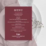 Menu de Casamento Simples Elegante de Borgonha<br><div class="desc">Um menu de janto arrojado mostra seu menu em letras brancas quentes. Perfeito para uma recepção de casamento moderna, janto de ensaio de casamento, festa de aniversário ou qualquer evento especial com um janto sentado. Excelente valor, impresso em papel branco mate não revestido, de peso de 80 lb, medindo 4,...</div>