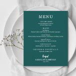 Menu de Casamento Simples Elegante Escuro do Teal<br><div class="desc">Um cartão de cardápio de barato e de janto de papel de valor em uma mesa escura com suas escolhas de comida em letras brancas quic é perfeito para uma recepção de casamento moderna, janto de ensaio de casamento, festa de aniversário ou qualquer evento especial com um janto de sentar....</div>