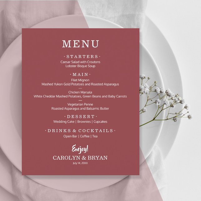 Menu de Casamento Simples Elegante Terra Rosa (Criador carregado)