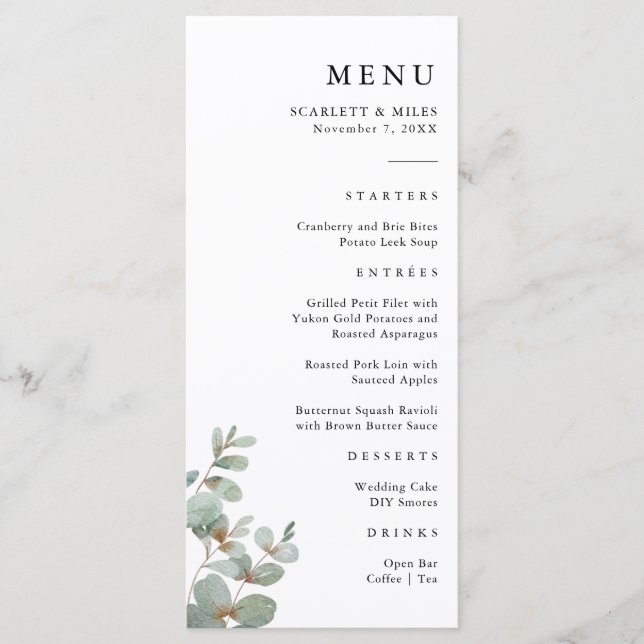 Menu de Casamento Simples Eucalyptus (Frente)
