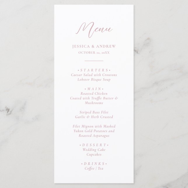 Menu de Casamento Simples Mínimo Pink e Branco Dus (Frente)