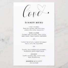 Menu de Casamento Simples Moderno Coração de Amor