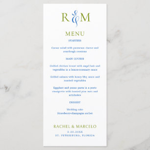 Menu de Casamento Simples Monograma Azul Verde Bri