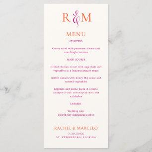 Menu de Casamento Simples Monograma Magenta Laranj