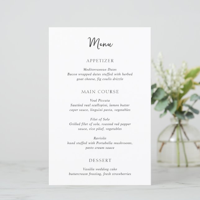 Menu de Casamento Simples, Preto e Branco Elegante (Em pé/Frente)