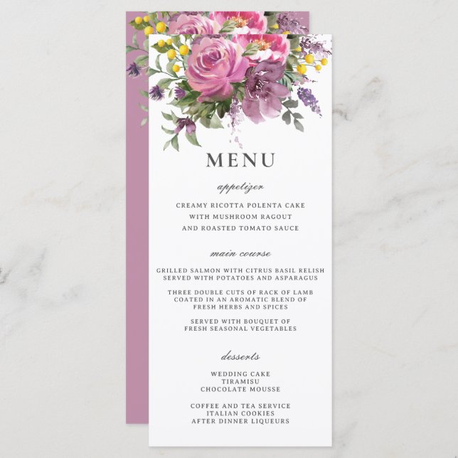 Menu de Casamento Slim Boho Floral Púrpura Magenta (Frente/Verso)