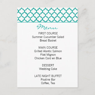 Menu de Casamento Teal com Padrão Marroquino