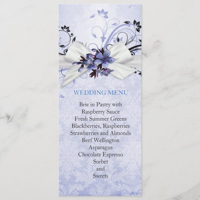 Menu de Casamento tema damasco Floral Azul Elegant (Frente)