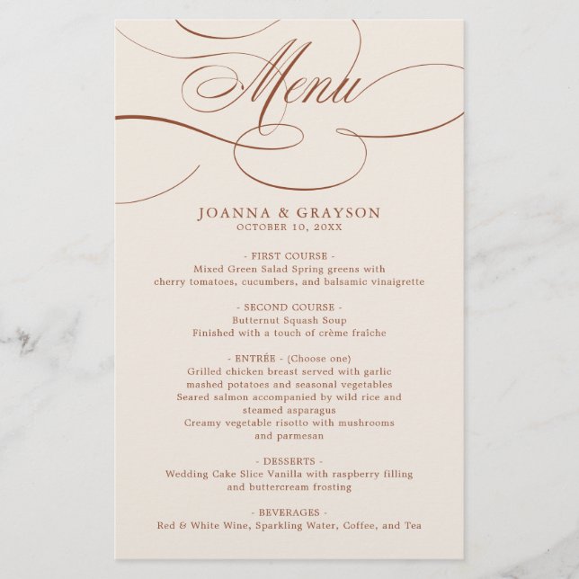 Menu de casamento Terracotta boho da Caligrafia Mo (Frente)