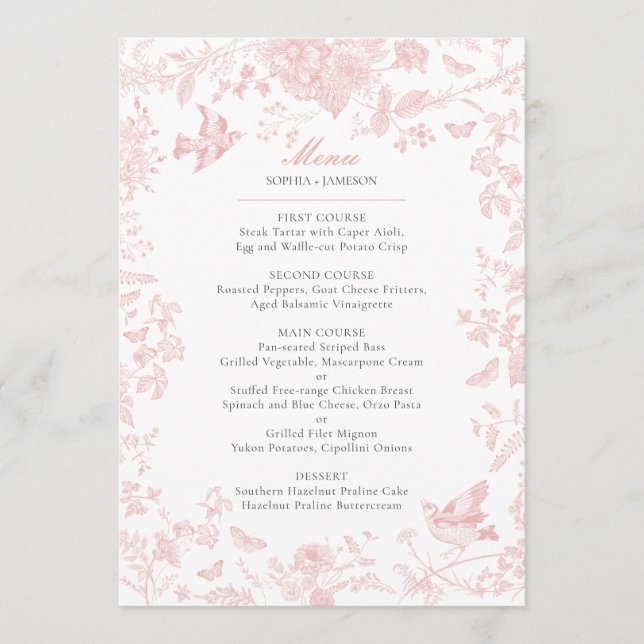 Menu de Casamento Toile de Jouy Rosa (Frente)