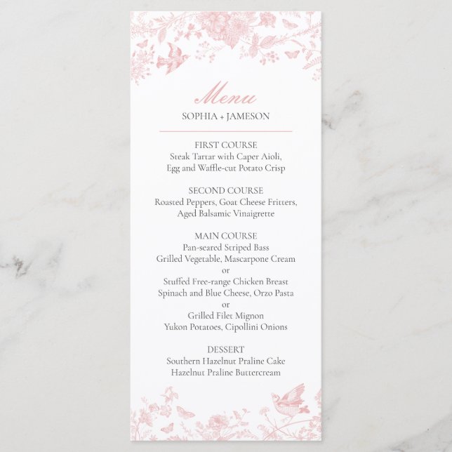 Menu de Casamento Toile de Jouy Rosa (Frente)