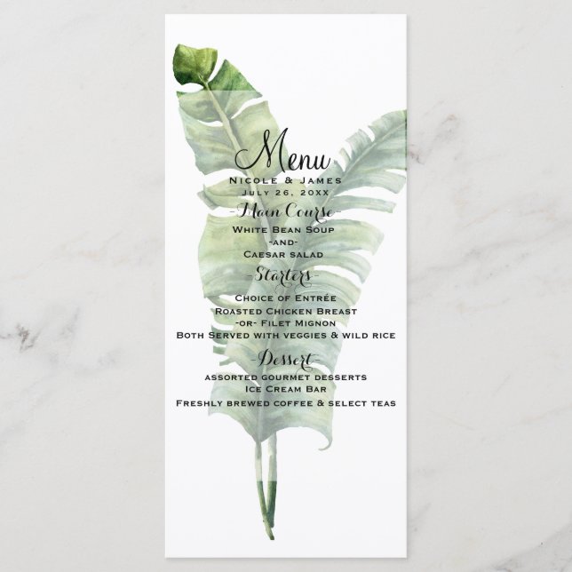 Menu de Casamento Tropical com Duas Folhas de Palm (Frente)