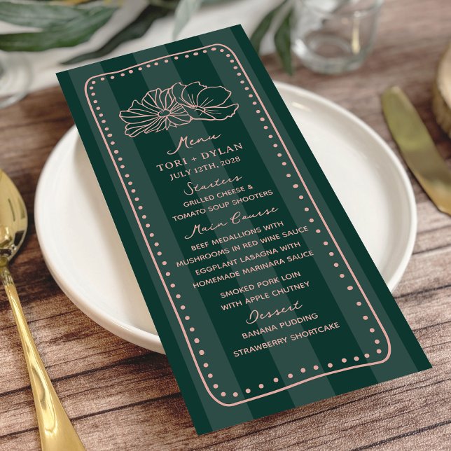Menu de Casamento Tropical de Stripe Verde Floral (Criador carregado)