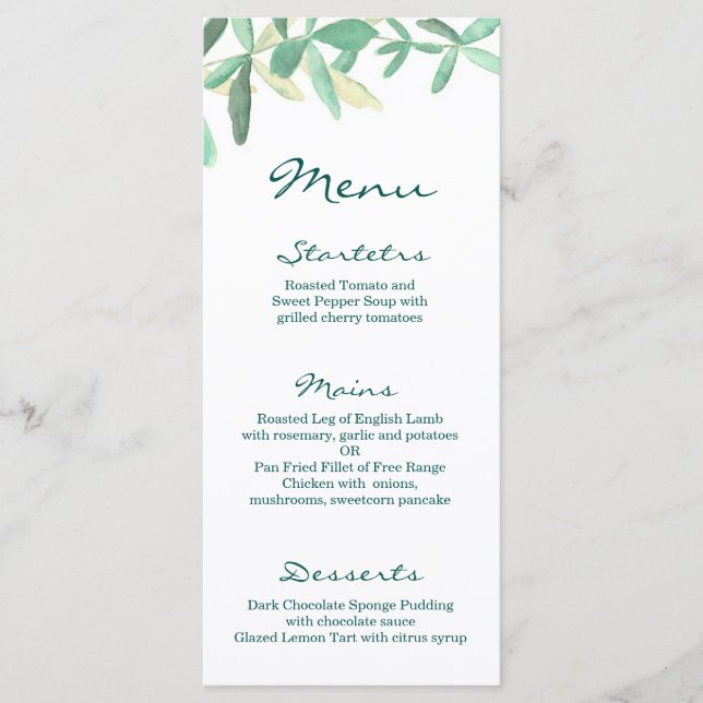 Menu de Casamento Verde Botânico Moderno (Frente)
