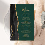 Menu de Casamento Verde de Agate Preto Dourado de<br><div class="desc">A borda esquerda deste elegante cardápio moderno de casamento apresenta uma coloração aquosa preta, borda agitada, aparada com falso brilho dourado. O texto personalizável combina um script de escrita manual dourado e fontes de impressão em um fundo verde esmeralda escuro. O verso apresenta um design de agate preto e dourado...</div>