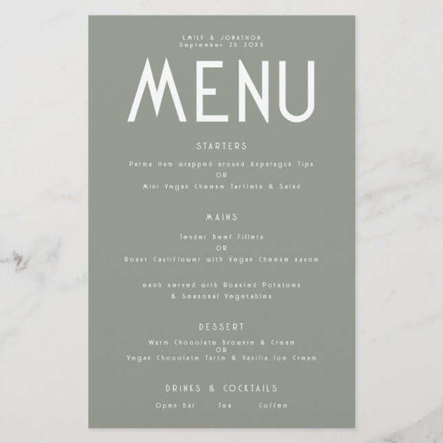 Menu de Casamento Verde de Sábio de Texto Simples  (Frente)