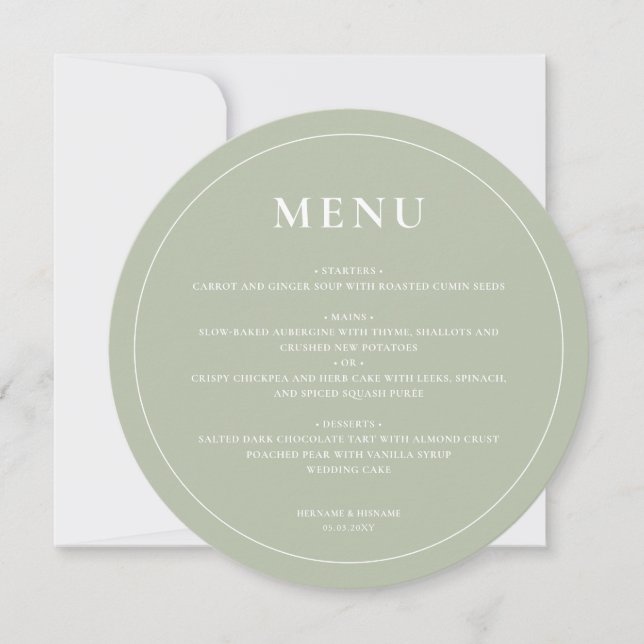Menu de Casamento Verde de Sage Simples e Arredond (Frente)