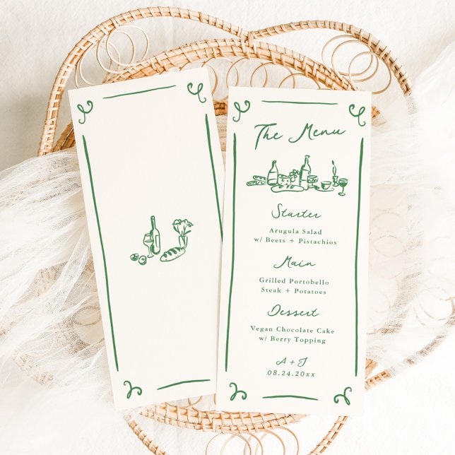 Menu de Casamento Verde Desenhado à Mão Branca (Criador carregado)