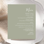 Menu de Casamento Verde do Script Moderno do Orçam<br><div class="desc">Este menu de casamento simples e moderno contém um texto branco sobre um fundo verde sábio. A palavra "Menu" aparece na caligrafia na moda. Adicione o nome do casal e a data do casamento em script e itálico, juntamente com os detalhes do menu na fonte sans serif. O reverso é...</div>
