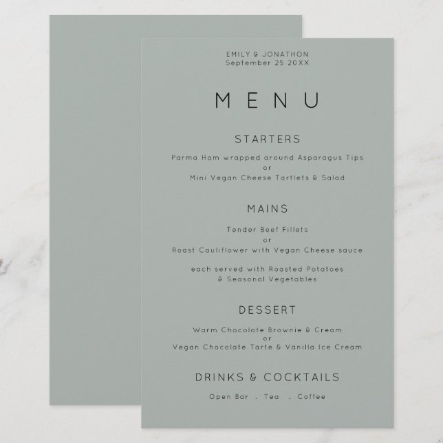 Menu de Casamento Verde do Simples Silvery Sage (Frente/Verso)
