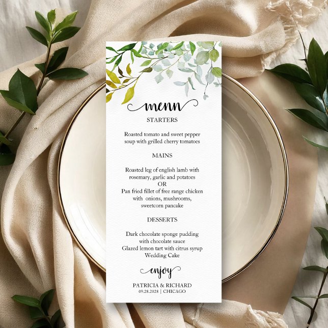 Menu de Casamento Verde Elegante em Aquarela (Criador carregado)