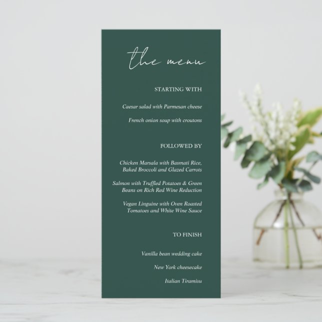Menu de Casamento Verde Emerald, Minimalista Moder (Em pé/Frente)
