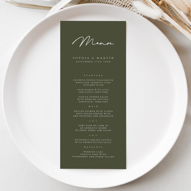 Menu de Casamento Verde Escuro Elegante Minimalist (Criador carregado)