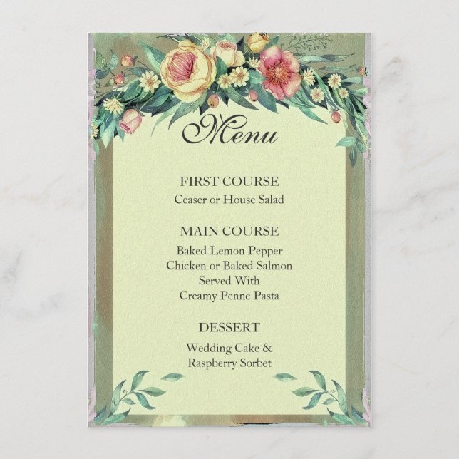 Menu de Casamento Verde Floral e Rosa com Aquarela (Frente)