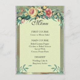 Menu de Casamento Verde Floral e Rosa com Aquarela