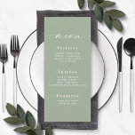 Menu de Casamento Verde Folha de Cor Sólida Simple<br><div class="desc">Menu de Casamento Verde Folha de Cor Sólida Simples. Esta moderna placa de menus é simples clássica e elegante, com um fundo de cor sólida simples e uma bonito letra de escrita com alfaias. Mostrada na nova estrada. Com um monograma bonito no lado de trás. Disponível em várias opções de...</div>