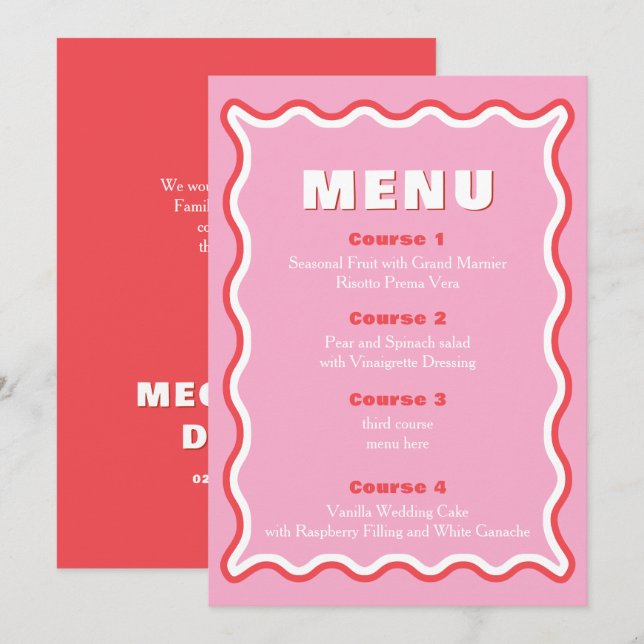 Menu de Casamento Vermelho Cor-de-Rosa Cinzento Es (Frente/Verso)