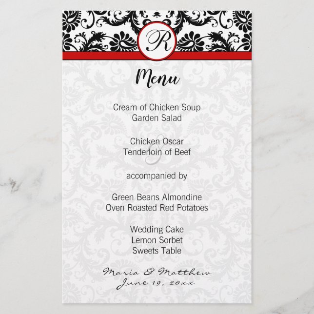 Menu de Casamento Vermelho do Damasco Negro (Frente)