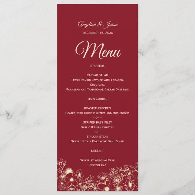 Menu de Casamento Vermelho Floral Elegante (Frente)