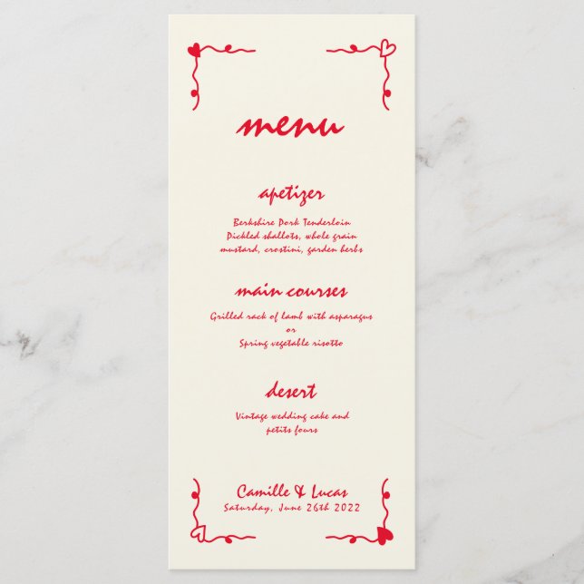 Menu de Casamento Vermelho Whimsical com Letras Ma (Frente)
