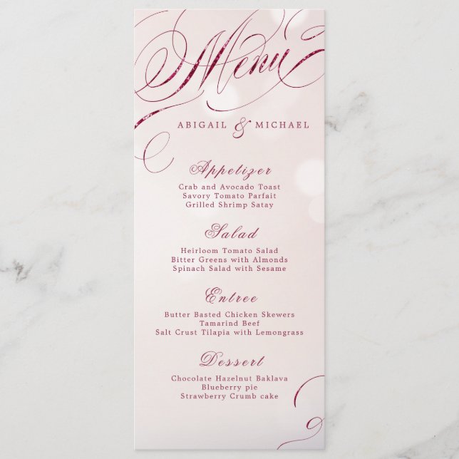 Menu de casamento vintage da caligrafia Glam burgu (Frente)