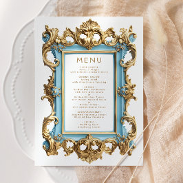 Menu de Casamento Vintage Rococó Azul Dourado