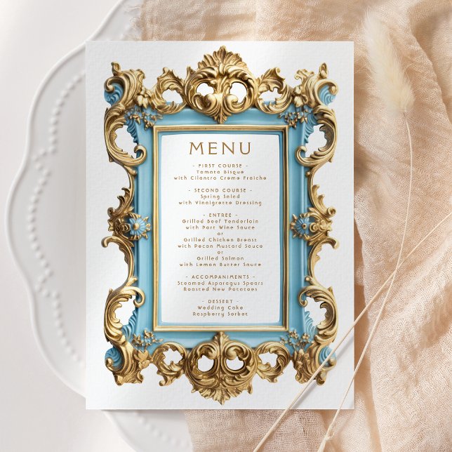 Menu de Casamento Vintage Rococó Azul Dourado (Criador carregado)