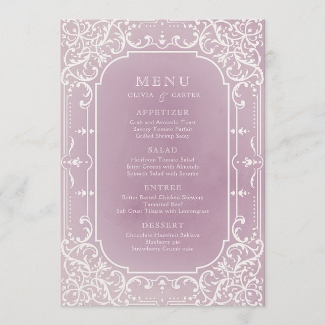 Menu de casamento vintage romântico Mauve elegante (Frente)