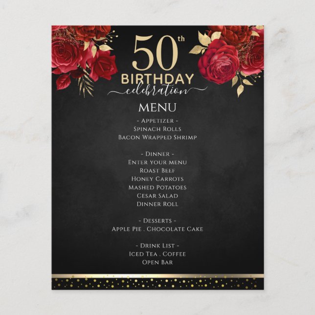 Menu de Celebração de 50 Anos de Rosas Vermelhas (Frente)