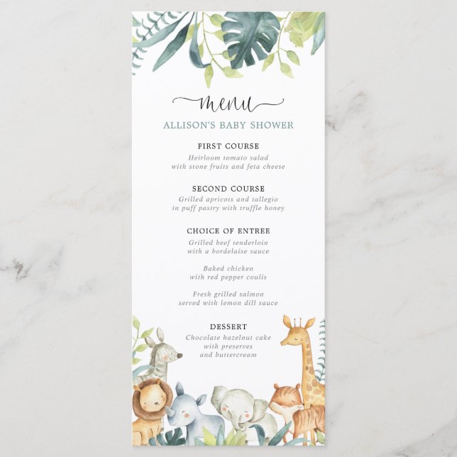 Menu de chá de fraldas dos animais Watercolor safa (Frente)