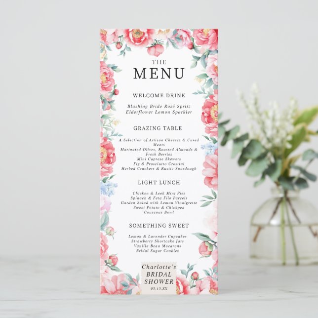 Menu de Chá de panela de Peony de Aquarela (Em pé/Frente)